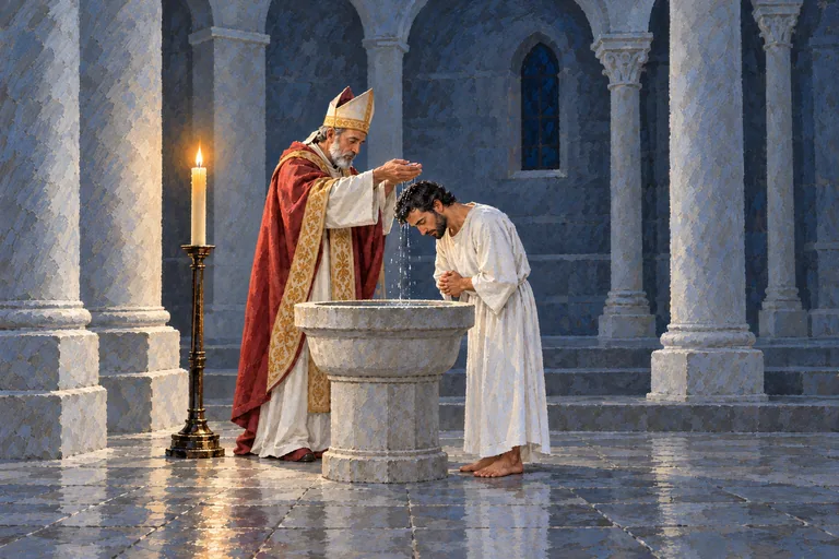 Illustration: Bishop Ambrose pours water over the bowed head of Augustine beside a baptismal font at night, lit by a single candle.