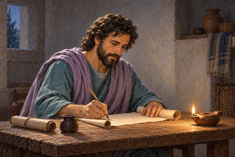 Illustration: Jude Thaddeus sits at a simple wooden table, writing on a scroll with a reed pen by the light of an oil lamp.