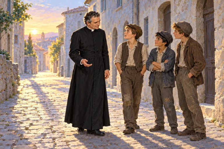 Ilustrasi: Yohanes Bosco menyapa tiga remaja berpakaian sederhana di jalan berbatu Italia saat fajar.