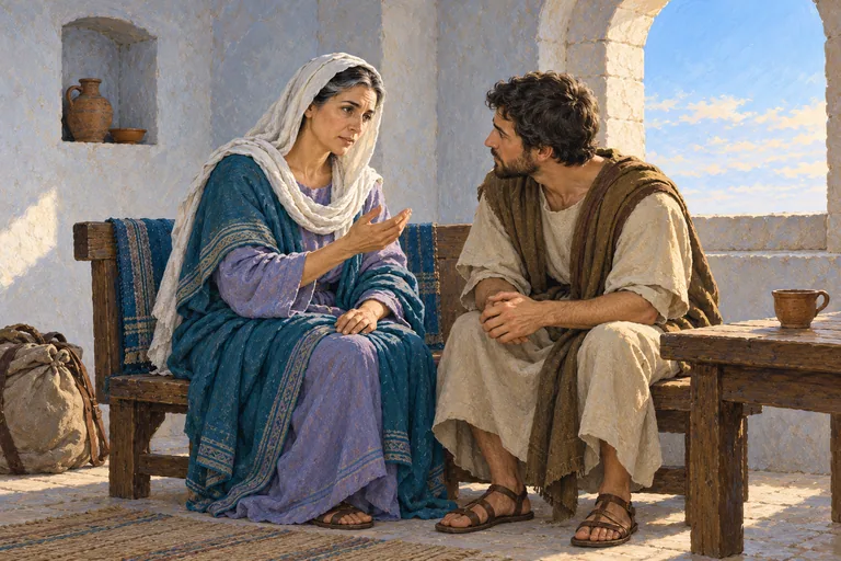 Illustration: an older veiled woman sits on a bench by an arched window, speaking with her adult son in a simple house.