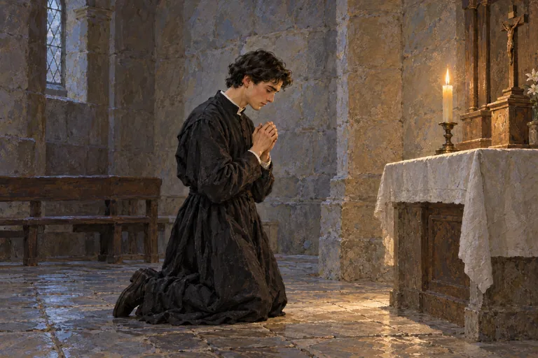 Ilustrasi: Aloysius Gonzaga berlutut berdoa di kapel batu yang diterangi satu lilin.