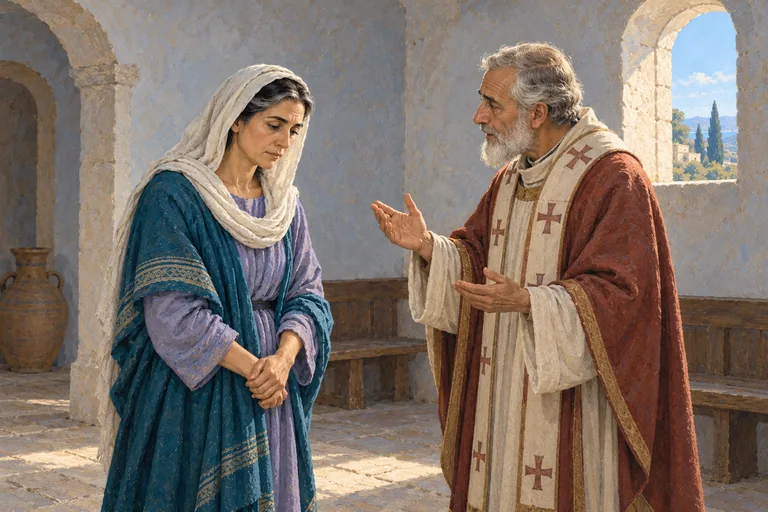 Illustration: a middle-aged veiled woman bows her head with clasped hands, listening to an elderly bishop speaking gently in a simple church room.