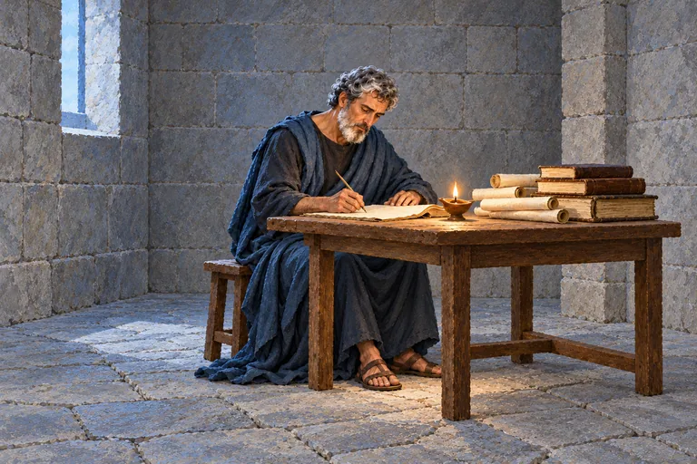 Illustration: an elderly Augustine sits writing at a plain wooden table with a stack of codices, lit by a small oil lamp.