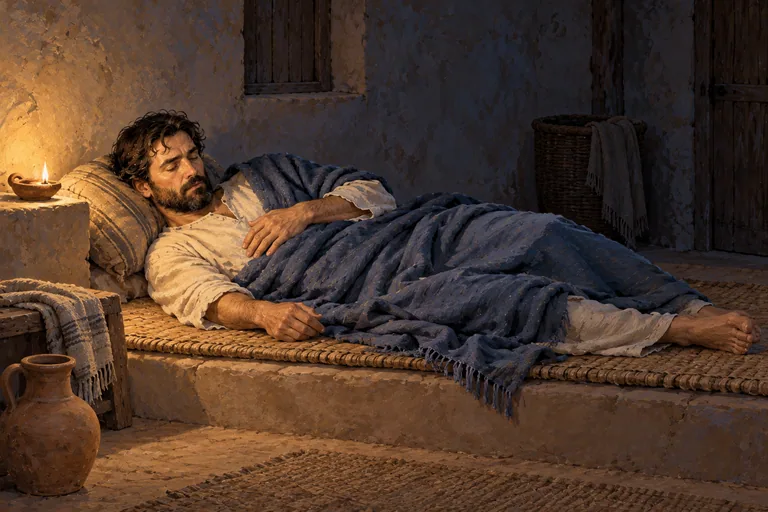 Illustration: Saint Joseph sleeping peacefully on a mat in a simple house at night, lit by a small oil lamp.