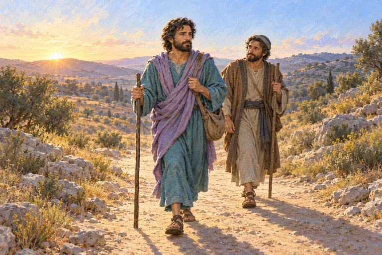 Illustration: Jude Thaddeus, holding a staff, walks a dusty road through hills at dawn, with Simon walking just behind him.