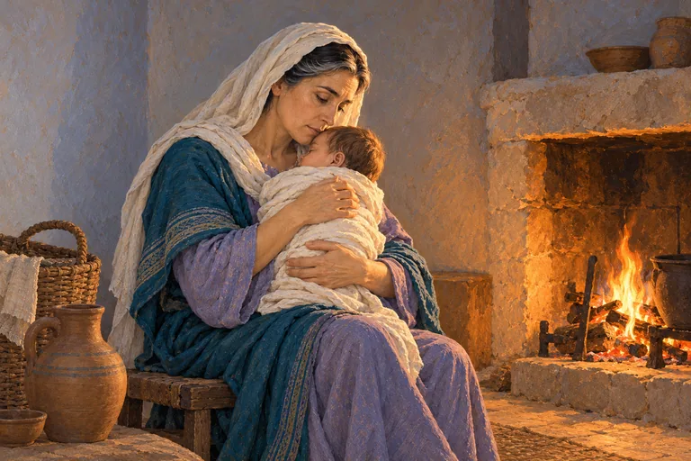 Illustration: a young mother in a simple head covering sits in a stone home holding an infant, lit by a small hearth fire.