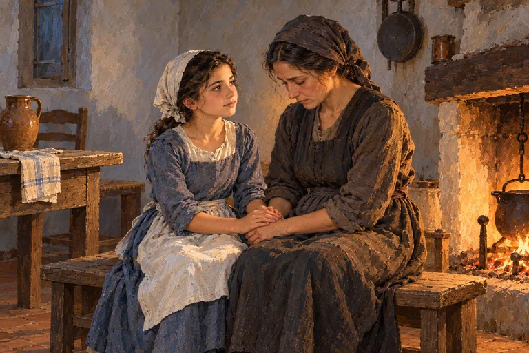 Illustration: a young girl in simple peasant clothes sits beside her bowed, grieving mother near the hearth of a poor farmhouse, holding her mother's hand.