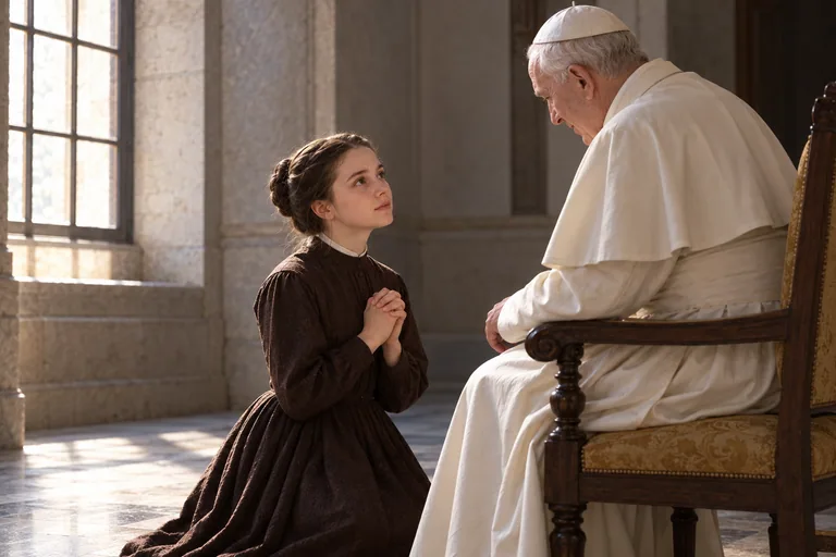 Illustration: A French girl of about fourteen kneels with clasped hands before an elderly pope in a white cassock in a simple stone hall, lit by window light.