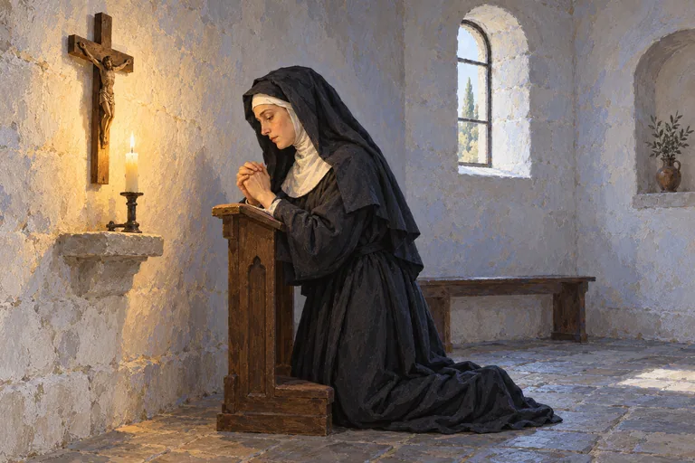Illustration: Rita as a nun in a dark habit kneels in prayer before a plain wooden crucifix in a small convent chapel lit by one candle.