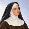 Ilustrasi: potret kepala dan bahu Santa Teresa dari Avila dalam habit Karmelit cokelat, kerudung putih dan hitam, dengan latar biru pucat.