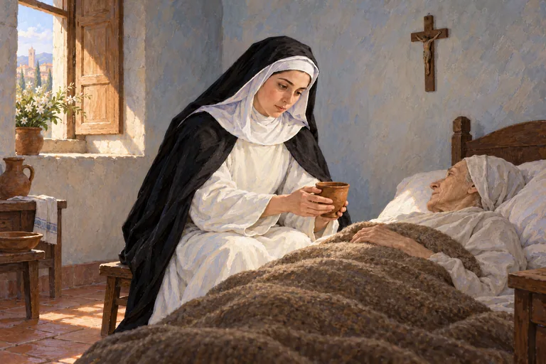 Ilustrasi: Katarina dari Siena menyodorkan cangkir tanah liat kepada seorang perempuan lanjut usia yang berbaring di tempat tidur, diterangi cahaya jendela.