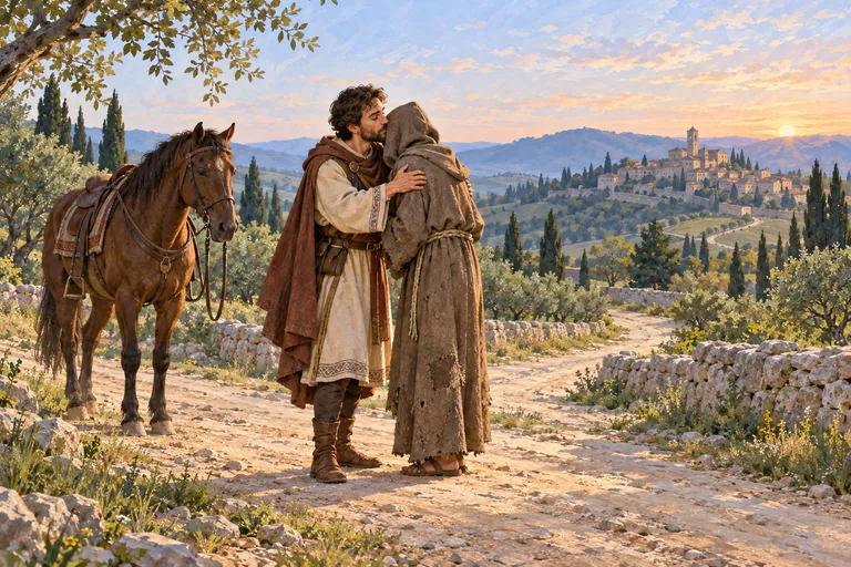 Illustration: A young Francis, just dismounted from his horse, embraces and gives a kiss of peace to a hooded figure on a dirt road at dawn.