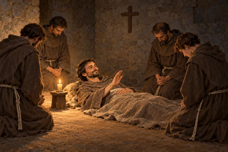 Illustration: An aged Francis lies on an earthen floor blessing the friars kneeling around him at night, lit by one candle.