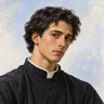 Ilustrasi: potret Aloysius Gonzaga berambut gelap dan berjubah hitam, dengan cahaya hangat dari samping pada latar biru pucat.