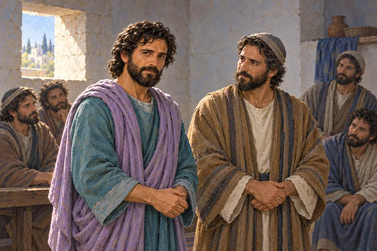 Illustration: Jude Thaddeus in a teal robe and lilac mantle stands beside Simon, with a few other apostles in the background of a simple window-lit room.
