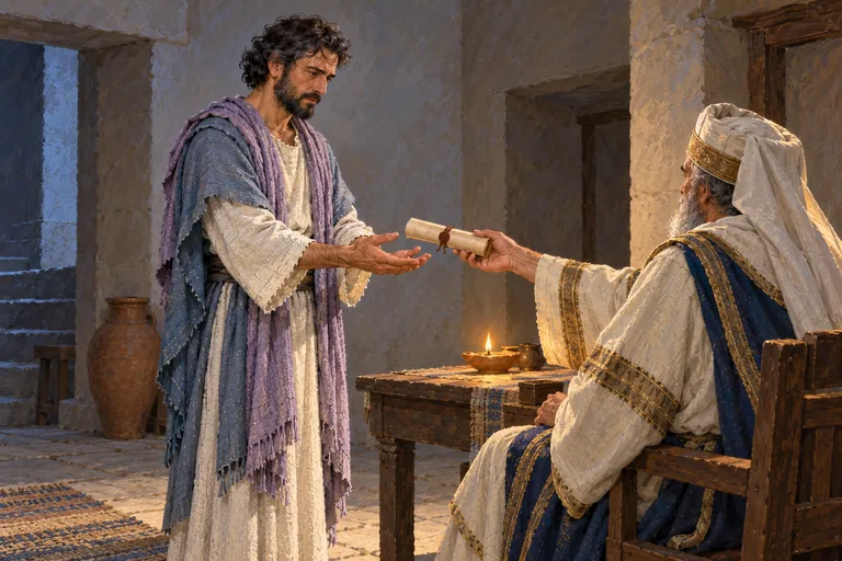 Illustration: Saulus stands in a stone hall in Jerusalem receiving a sealed scroll from the seated High Priest, lit by an oil lamp.