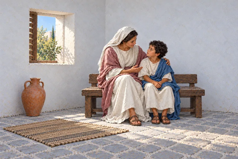 Illustration: a young boy sits beside his mother, Monica, on a wooden bench in a simple home lit by window light.