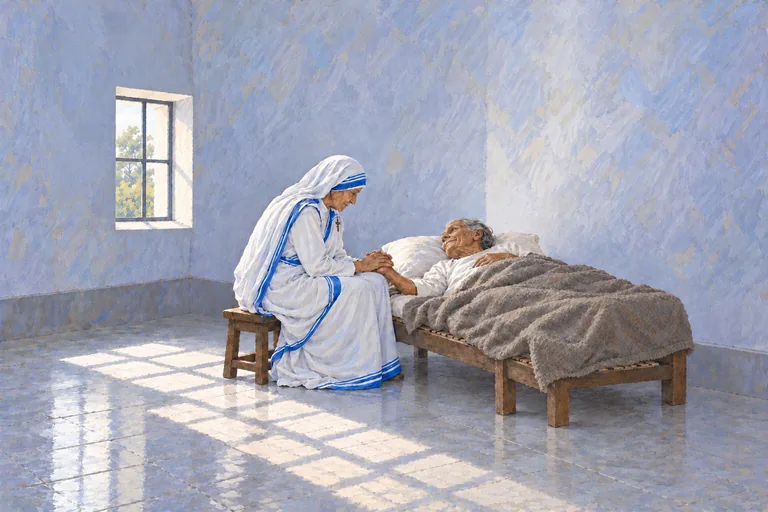 Ilustrasi: Teresa dari Kalkuta duduk di samping seorang lansia yang beristirahat di ranjang sederhana sambil menggenggam tangannya di ruangan yang diterangi cahaya jendela.