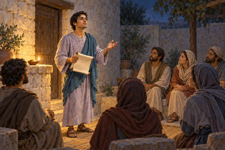 Illustration: a young man holding a scroll speaks to a small group of listeners in a house courtyard, lit by an oil lamp.