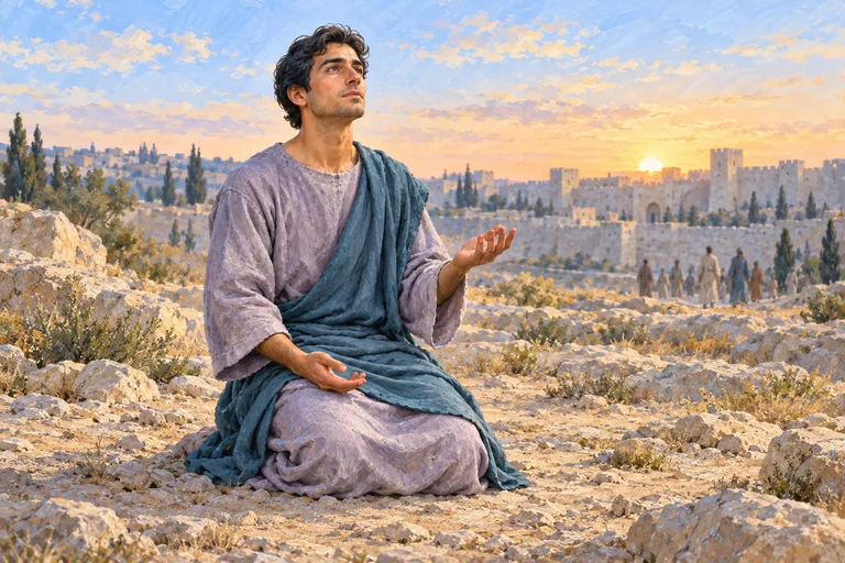 Illustration: a young man kneels calmly on rocky ground outside a city with open hands and lifted face, in dawn light.