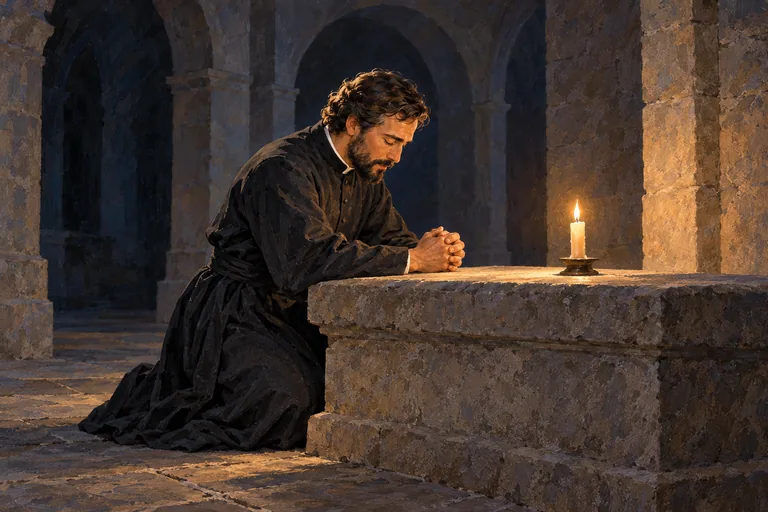 Illustration: A priest in a dark robe kneels in prayer before a plain stone tomb in a dark church, lit by a single candle.
