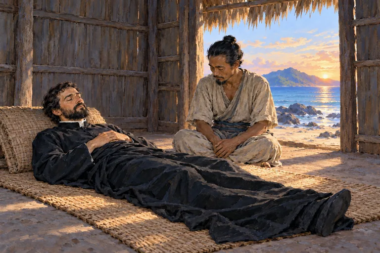 Illustration: A man of about 46 lies peacefully on a mat in a simple shelter, with a Chinese man seated beside him, lit by dawn light from the doorway.