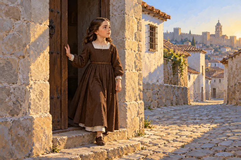 Ilustrasi: Teresa kecil melangkah dari rumah keluarganya di Avila pada pagi hari.