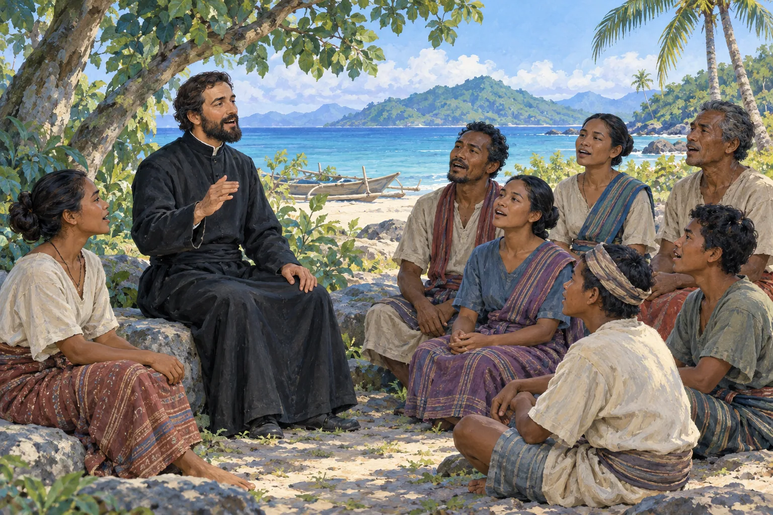 Ilustrasi bergaya gouache seorang imam berjanggut dengan jubah gelap, duduk di atas batu di bawah pohon dekat pantai. Mulutnya terbuka seperti bernyanyi dan satu tangannya terangkat di depan dada. Sekelompok orang berkulit cokelat dengan pakaian kain berwarna lembut duduk dan berdiri menghadapnya; beberapa juga tampak bernyanyi. Di belakang mereka terlihat perahu bercadik, laut biru kehijauan, pulau hijau dan pohon kelapa.