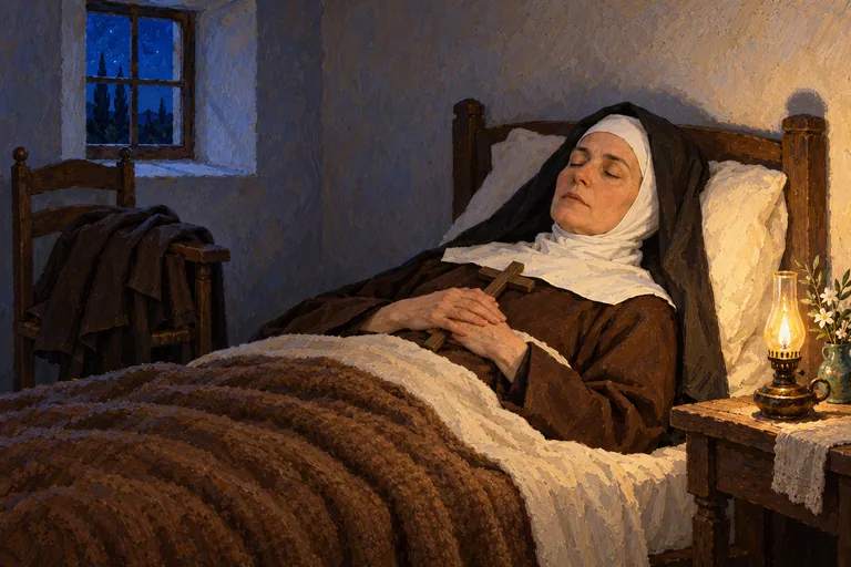 Ilustrasi: Teresa dari Avila lanjut usia beristirahat dengan damai di sel biara pada malam hari.