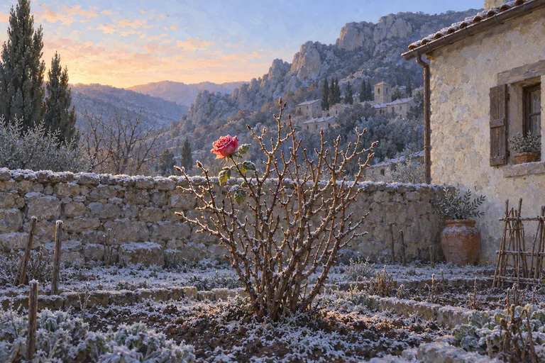 Illustration: a small frosted garden in Roccaporena at winter dawn, with a single rose blooming on a leafless bush.