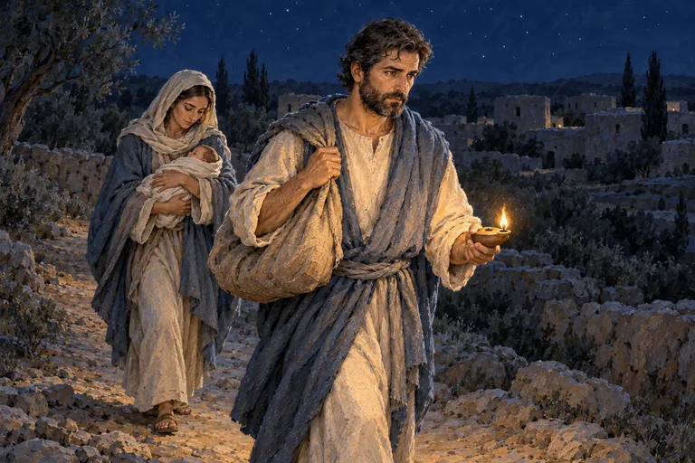 Illustration: Saint Joseph walking at night carrying a lamp and a bundle, followed by Mary holding the infant Jesus.
