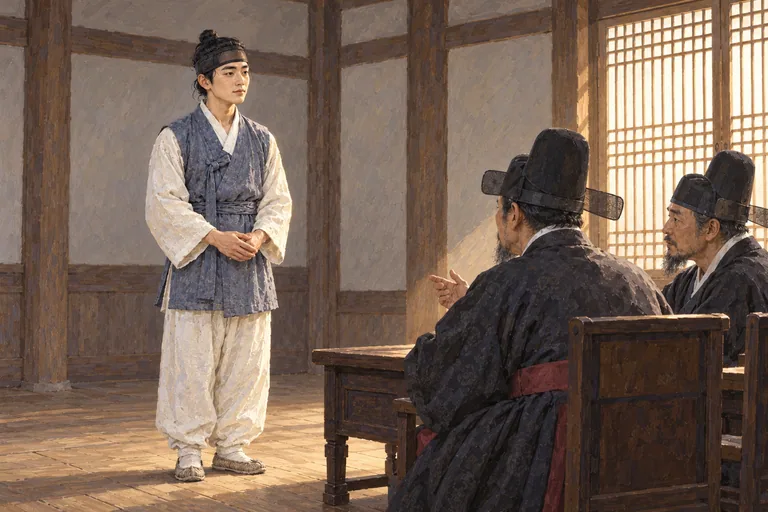 Ilustrasi: seorang imam muda Korea berdiri tenang di ruangan kantor zaman Joseon, menjawab dua pejabat yang duduk di balik meja rendah.