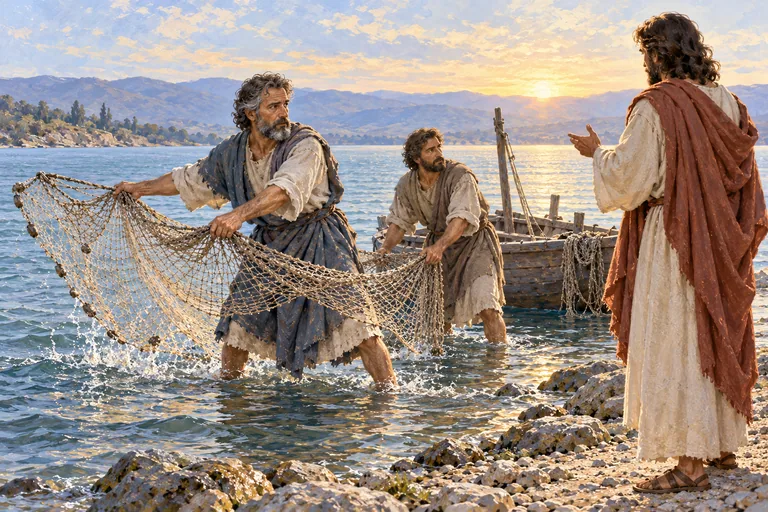 Ilustrasi Simon dan Andreas menebarkan jaring di danau Galilea saat Yesus memanggil mereka dari tepi pantai pada pagi hari.