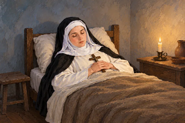 Ilustrasi: Katarina dari Siena berbaring tenang di tempat tidur dengan mata terpejam dan kedua tangan memegang salib kecil; satu lilin menyala di meja samping.