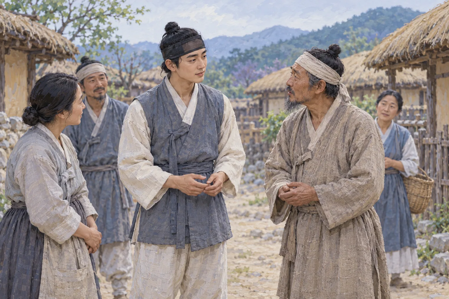 Gambar editorial seorang pria muda Korea berpakaian hanbok biru-abu berbincang tenang dengan seorang pria yang lebih tua di jalan desa; beberapa warga dan rumah beratap jerami tampak di latar. Teksturnya realistis dengan sapuan seperti gouache.