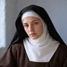 Ilustrasi: potret fotografis artistik Santa Theresia dari Lisieux, mengenakan kerudung hitam, penutup kepala putih, dan habit cokelat.