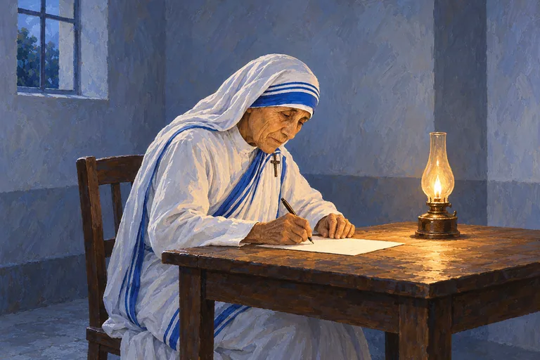 Ilustrasi: Teresa dari Kalkuta duduk menulis surat pada kertas kosong di meja kayu sederhana; sebuah lampu minyak menerangi tangannya dan wajahnya yang tertunduk.