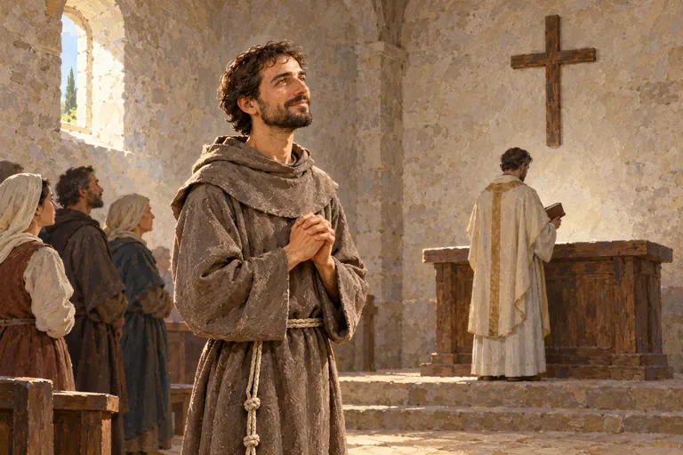 Illustration: Francis in a plain brown tunic listens intently in a small stone chapel lit by a window.