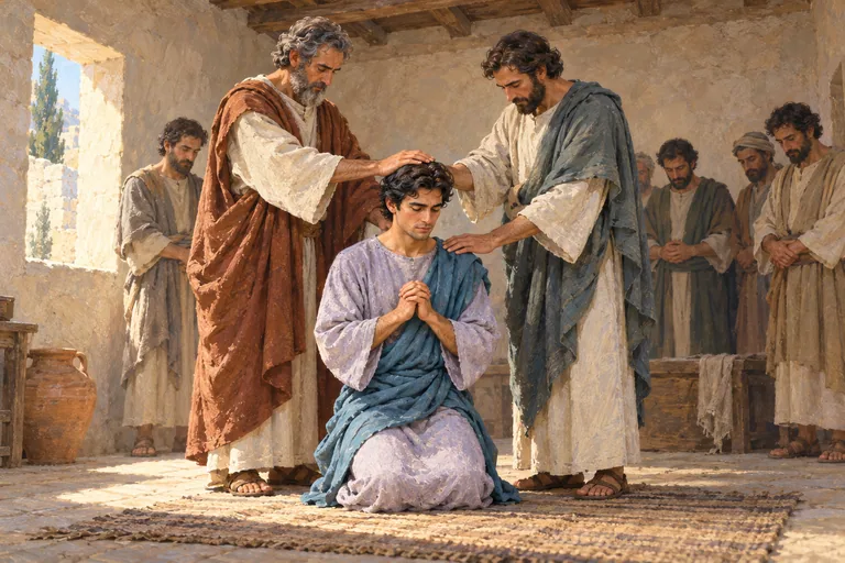 Illustration: a young man kneels in a simple stone room while two apostles lay their hands on him in prayer, lit by window light.