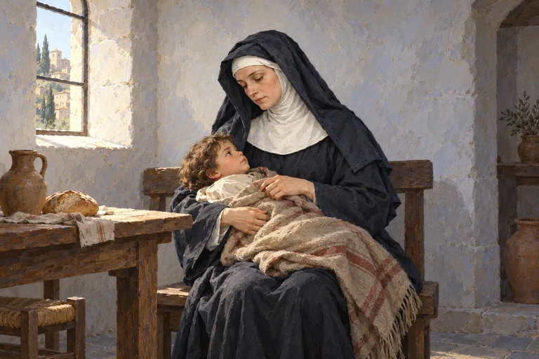 Illustration: Rita, a young mother in a plain wool dress, holds and tends a small child near the window of a stone home.