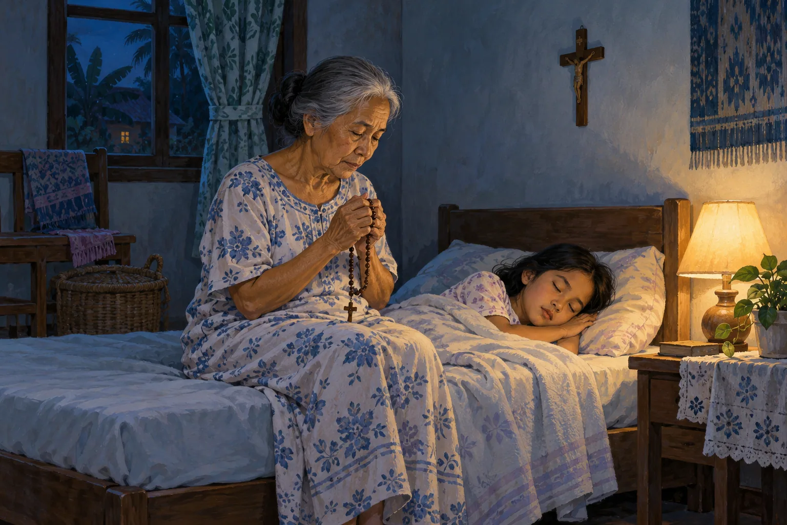 Nenek memegang rosario di samping cucunya yang tidur, dengan lampu menyala dan salib berfigur di dinding kamar.