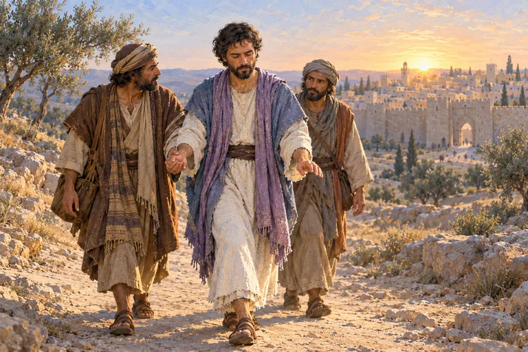 Illustration: Saulus walks with closed eyes, led by the hand by his companions on the road toward the walls of Damascus at dawn.