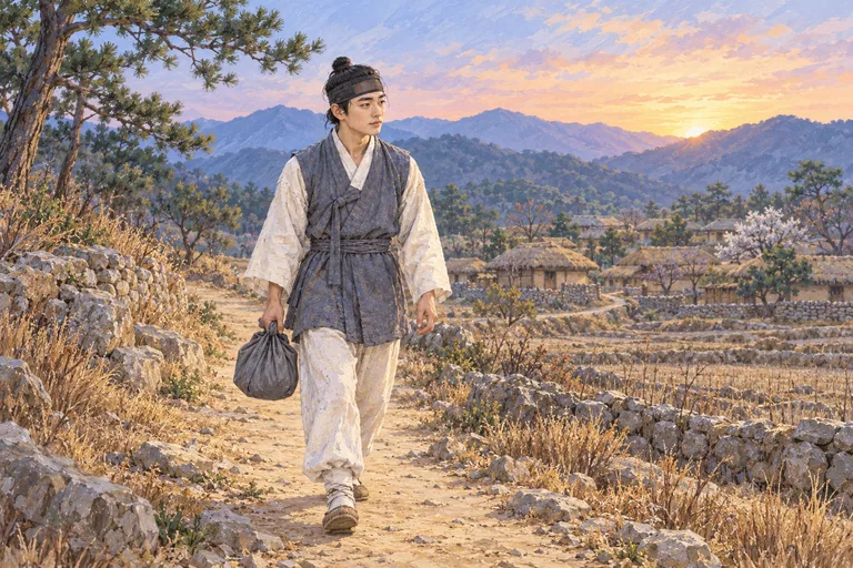 Ilustrasi: Andreas Kim Tae-gon berjalan membawa bungkusan kain di jalan desa Korea saat fajar.