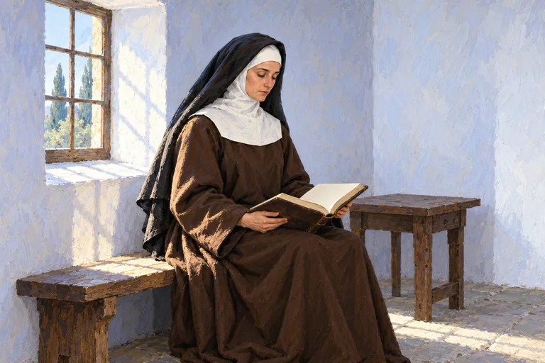 Ilustrasi: Teresa dari Avila membaca buku bersampul kulit di dekat jendela biara.