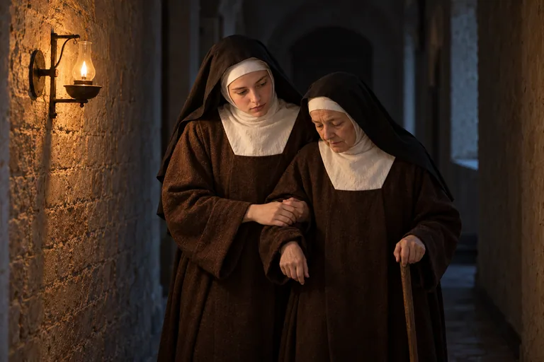 Illustration: A young Carmelite nun helps an elderly sister along a brick convent corridor on a winter night, lit by a single small oil lamp.