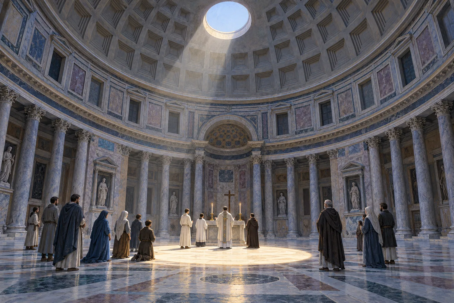 Sekelompok umat berdiri dan berlutut dekat altar di dalam bangunan berkubah dengan oculus dan kolom-kolom.