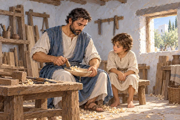 Illustration: Saint Joseph smoothing a wooden piece in a simple Nazareth home while the young Jesus sits beside him watching.