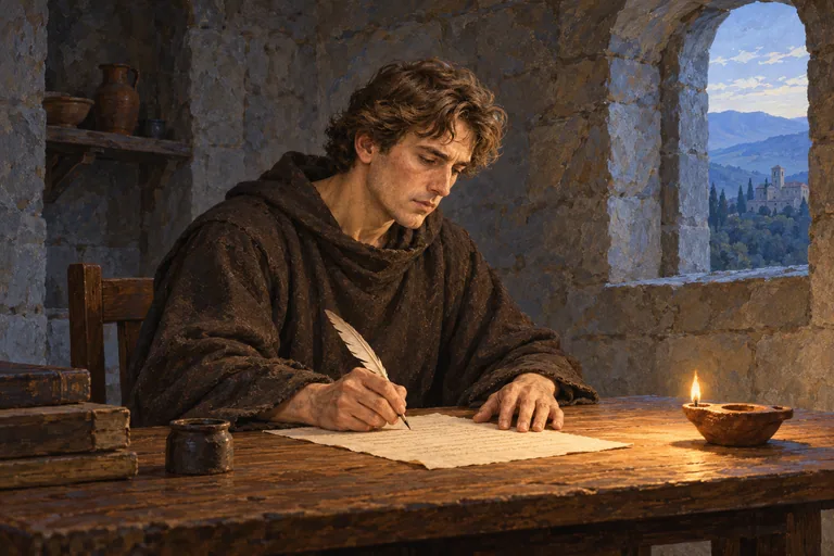 Illustration: Benedict in a dark monastic habit writes on parchment at a wooden table in a stone monastery room, lit by a small oil lamp.