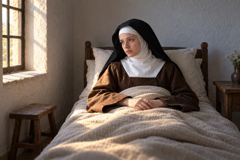 Illustration: A young Carmelite nun sits propped up in a simple bed in a convent infirmary, hands calmly folded, looking toward a window with warm afternoon light.
