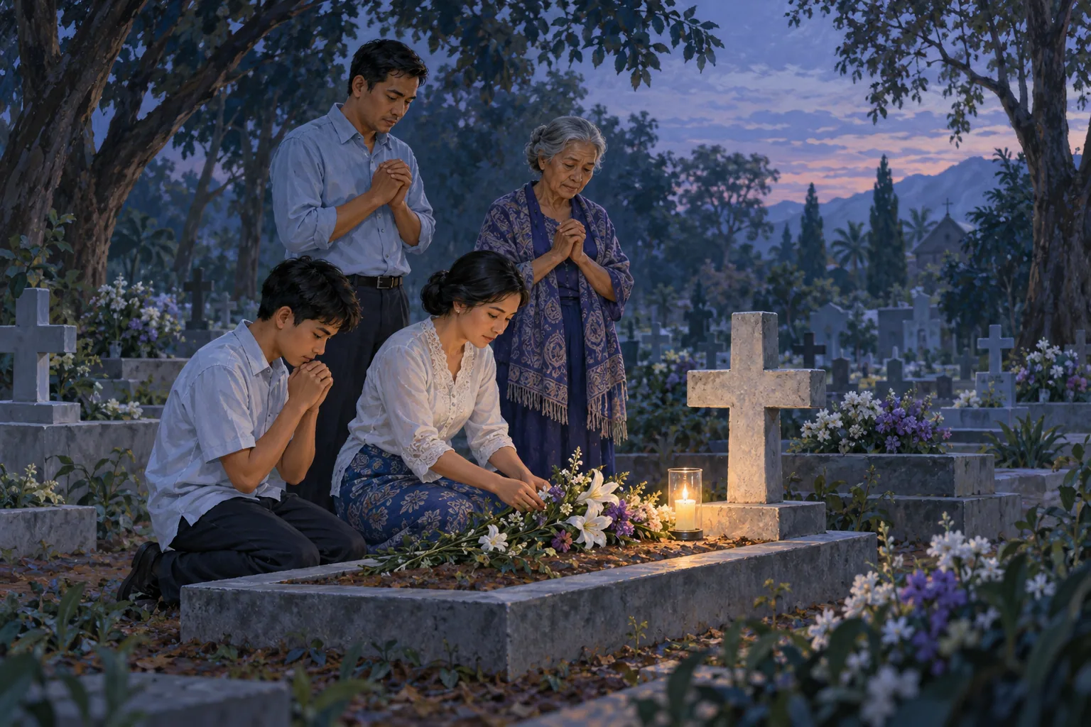 Empat anggota keluarga berdoa dan menaruh bunga di makam bersalib, dengan sebuah lilin menyala.
